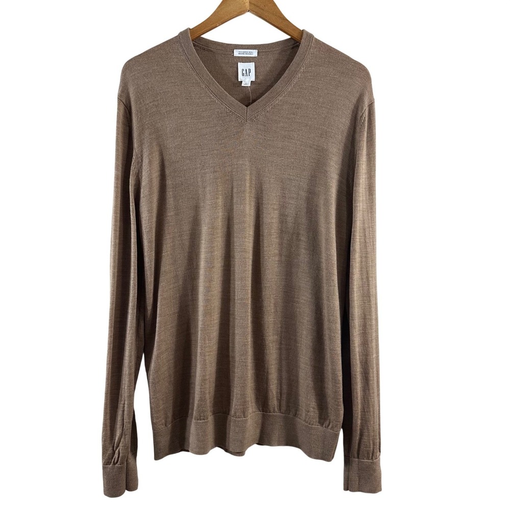 Gap Mens Merino Wool V-Neck Sweater Brown Taupe Large Machine Washable L
